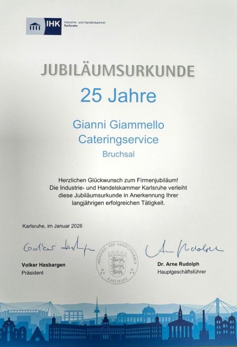 Jubiläumsurkunde 25 Jahre Giammello Cateringservice
